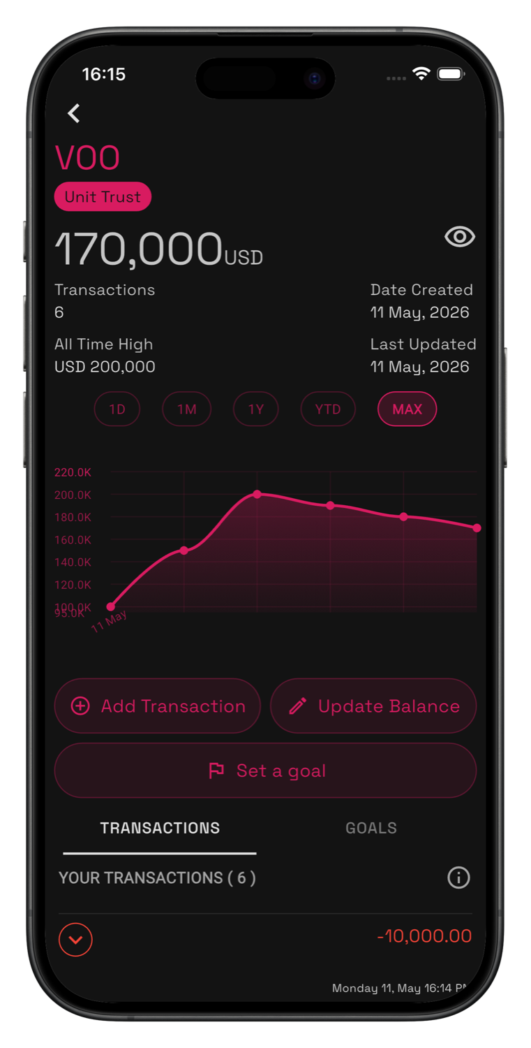 Shmoney asset detail screen showing VOO balance, growth chart, transactions, and goals